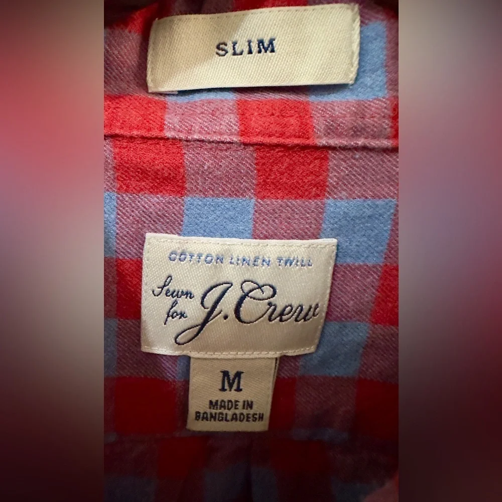 J. Crew | NWOT Cotton Linen Slim Red & Light Blue Gingham Button-Down Shirt (M)